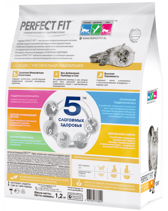 Perfect Fit корм для взрослых кошек всех пород, чувствительное пищеварение, индейка