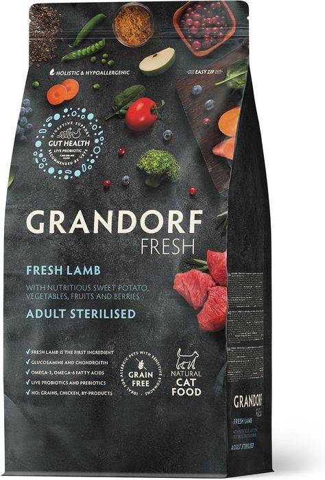 Grandorf Fresh корм для стерилизованных кошек, беззерновой, с живыми пробиотиками, свежее мясо ягненка с бататом