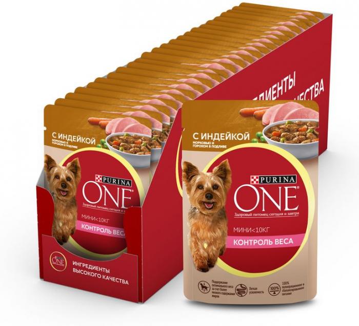 Влажный корм Purina ONE® Мини Контроль веса для взрослых собак мелких пород с низкой физической активностью или склонных к набору веса, с индейкой, морковью и горохом в подливе