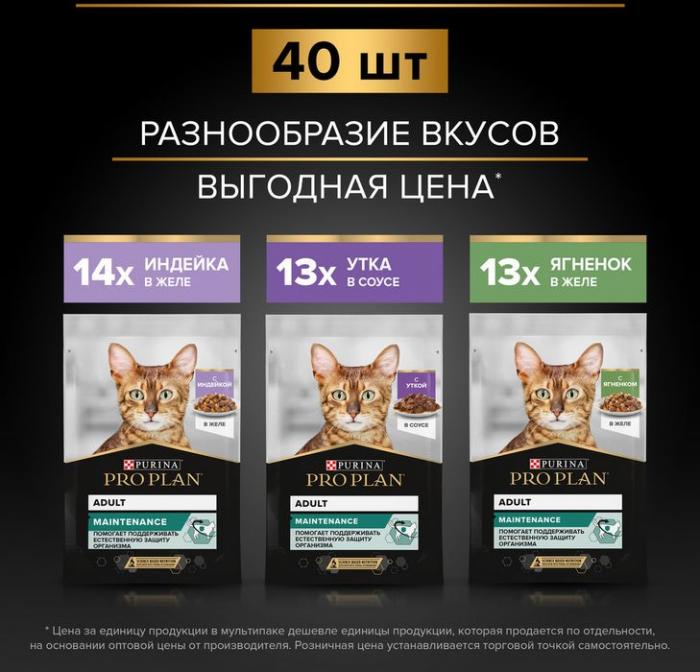 Влажный корм Pro Plan® Maintenance для взрослых кошек, с индейкой в желе, с уткой в соусе, с ягненком в желе
