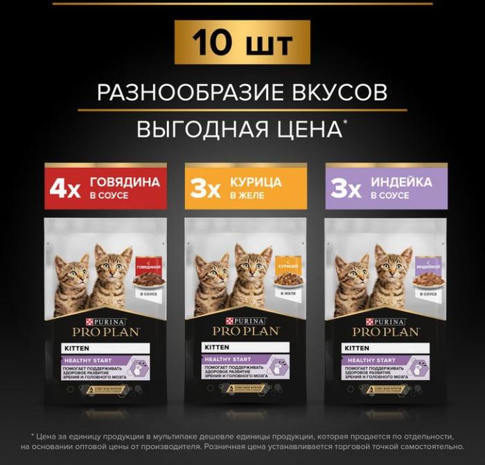 Влажный корм Pro Plan® Healthy Start для котят, с говядиной в соусе, с индейкой в соусе и с курицей в желе