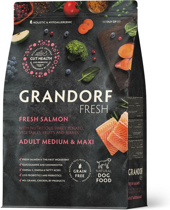 Grandorf Fresh корм для собак средних и крупных пород, беззерновой, с живыми пробиотиками, свежее филе лосося с бататом