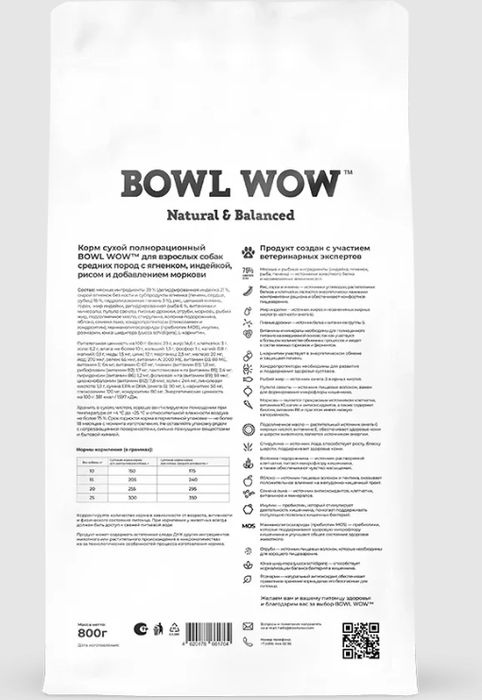 Bowl Wow корм для собак средних пород, с ягненком, индейкой, рисом и добавлением моркови
