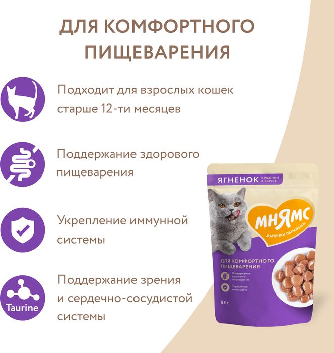 Мнямс влажный корм для кошек, для комфортного пищеварения, кусочки в соусе с ягненком