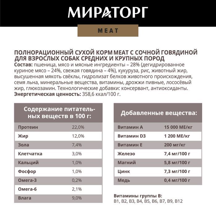 Мираторг Meat корм для собак средних и крупных пород, с сочной говядиной