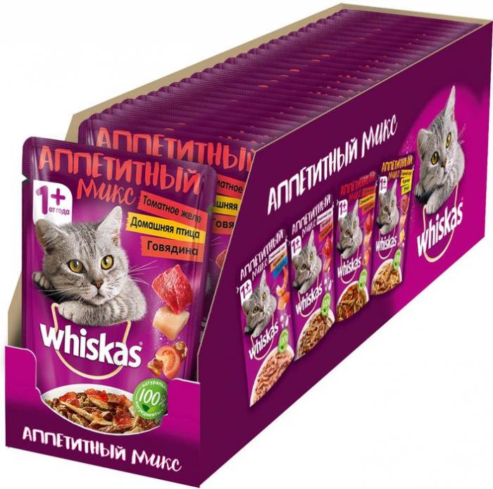 Whiskas влажный корм для кошек аппетитный микс с курицей и говядиной в томатном желе