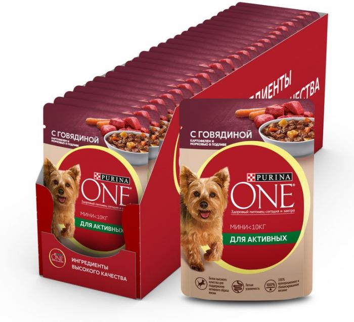 Влажный корм Purina ONE® Мини для активных взрослых собак мелких и карликовых пород, с говядиной, картофелем и морковью в подливе 