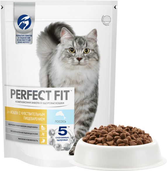 Perfect Fit корм для взрослых кошек всех пород, чувствительное пищеварение, лосось