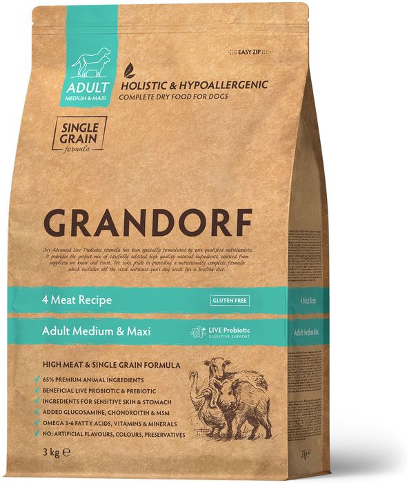 Grandorf корм для собак средних и крупных пород, четыре вида мяса