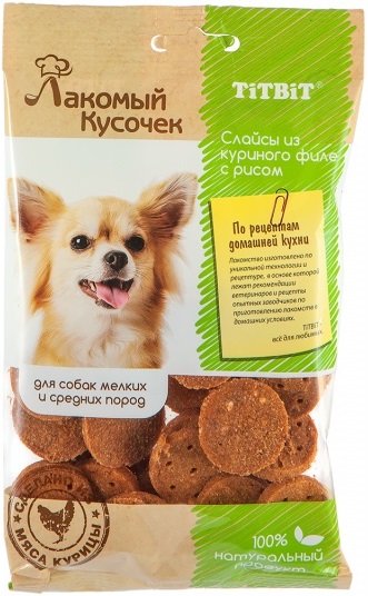 TiTBiT Лакомый кусочек лакомство слайсы для собак из куриного филе с рисом