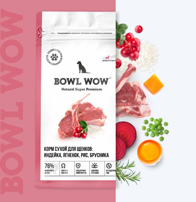 Bowl Wow корм для щенков средних пород, с ягненком, индейкой, рисом и добавлением брусники