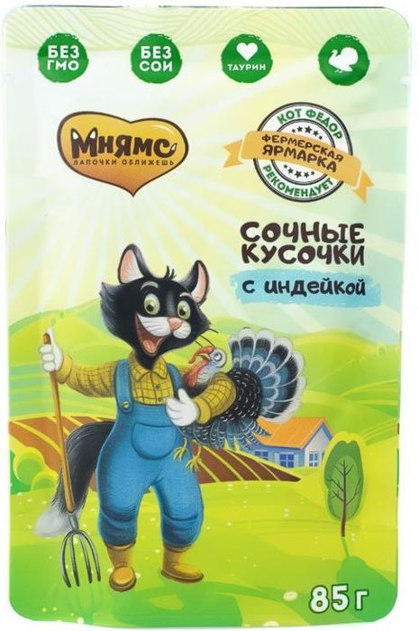 Мнямс Фермерская ярмарка влажный корм для кошек, сочные кусочки с индейкой