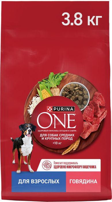 Сухой корм Purina ONE® для взрослых собак средних и крупных пород, с высоким содержанием говядины и с рисом