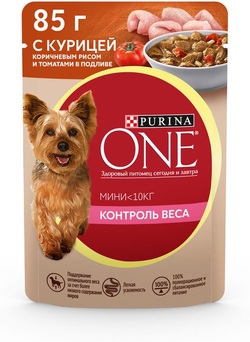 Влажный корм Purina ONE® Мини Контроль веса для взрослых собак мелких пород, с курицей, коричневым рисом и томатами в подливе
