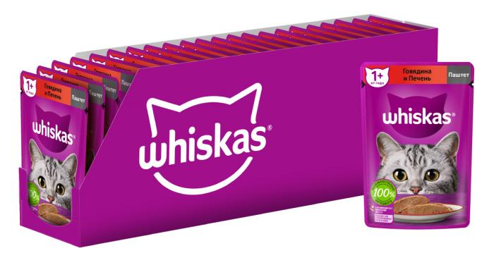 Whiskas влажный корм для кошек, паштет с говядиной и печенью