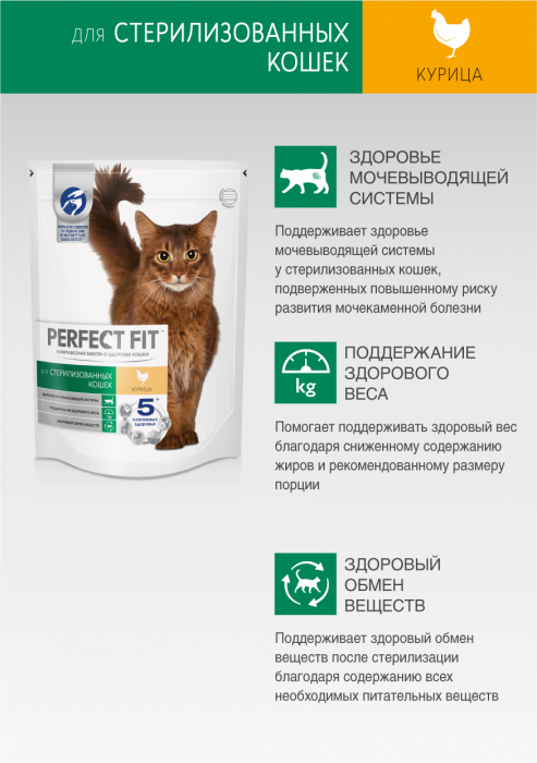 Perfect Fit корм для взрослых стерилизованных кошек всех пород, курица