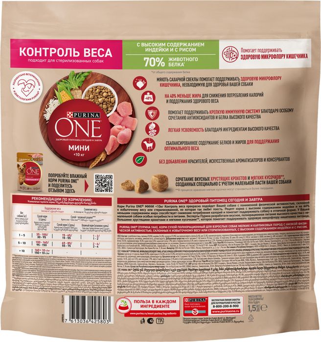 Сухой корм Purina ONE® МИНИ Здоровый вес для собак мелких пород, склонных к набору веса, с высоким содержанием индейки и с рисом