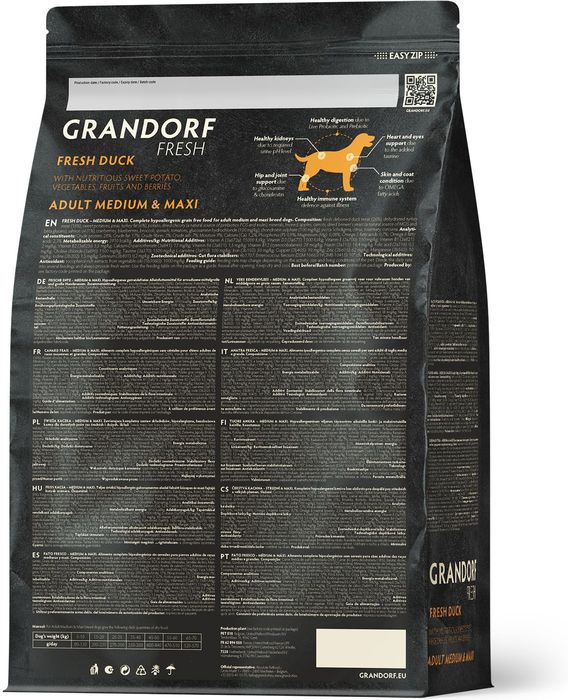 Grandorf Fresh корм для собак средних и крупных пород, беззерновой, с живыми пробиотиками, свежее мясо утки с бататом