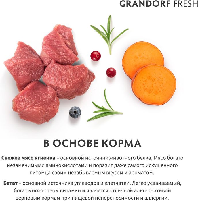 Grandorf Fresh корм для стерилизованных кошек, беззерновой, с живыми пробиотиками, свежее мясо ягненка с бататом