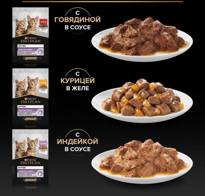 Влажный корм Pro Plan® Healthy Start для котят, с говядиной в соусе, с индейкой в соусе и с курицей в желе