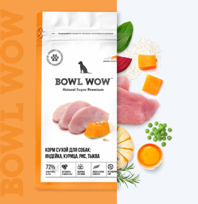 Bowl Wow корм для собак крупных пород, с индейкой, курицей, рисом и добавлением тыквы