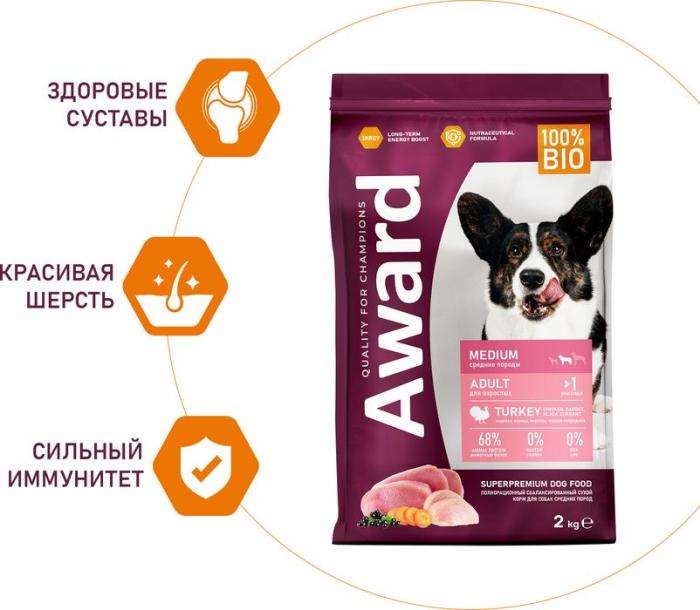 Award корм для собак средних пород, с индейкой и курицей, с добавлением моркови и черной смородины