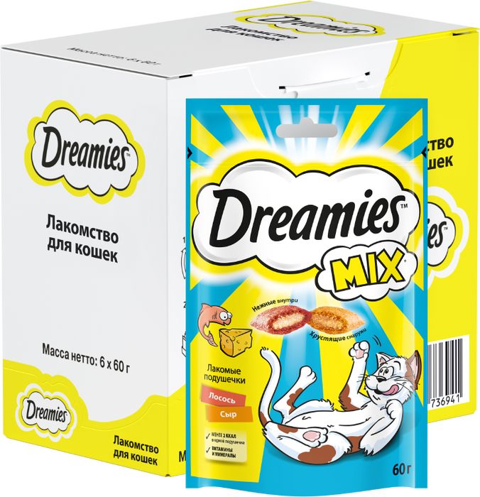 Dreamies Mix лакомство для кошек подушечки с лососем и сыром