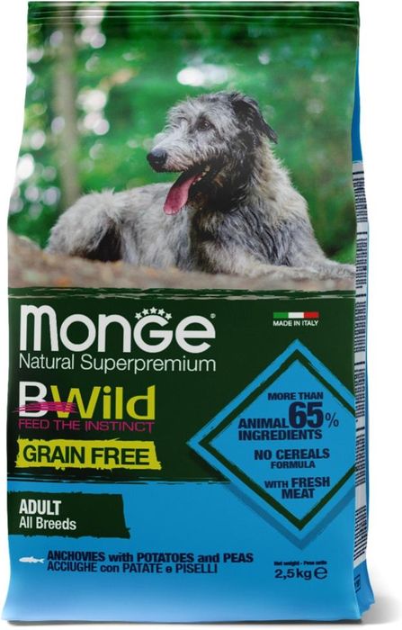 Monge Dog BWild GRAIN FREE беззерновой корм из анчоуса c картофелем и горохом для собак всех пород