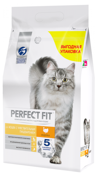 Perfect Fit корм для взрослых кошек всех пород, чувствительное пищеварение, индейка