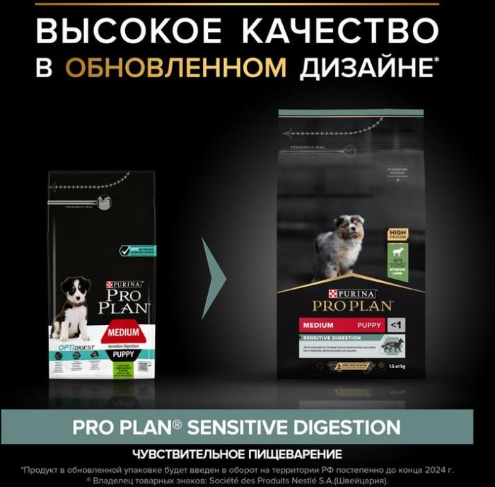 Сухой корм Pro Plan® Sensitive Digestion для щенков средних пород с чувствительным пищеварением, с высоким содержанием ягненка