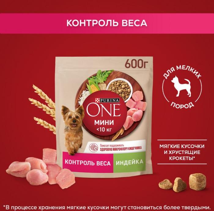 Сухой корм Purina ONE® МИНИ Здоровый вес для собак мелких пород, склонных к набору веса, с высоким содержанием индейки и с рисом