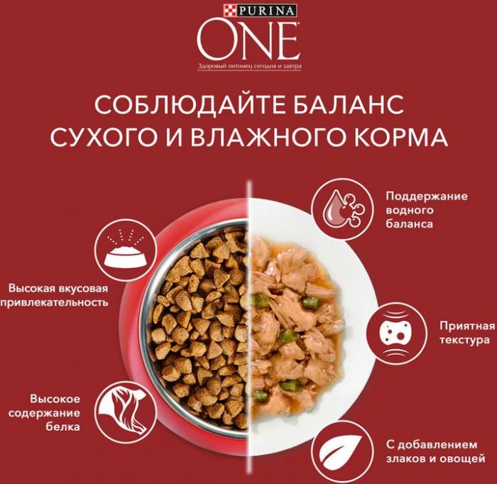 Влажный корм Purina ONE® Мини Контроль веса для взрослых собак мелких пород с низкой физической активностью или склонных к набору веса, с индейкой, морковью и горохом в подливе