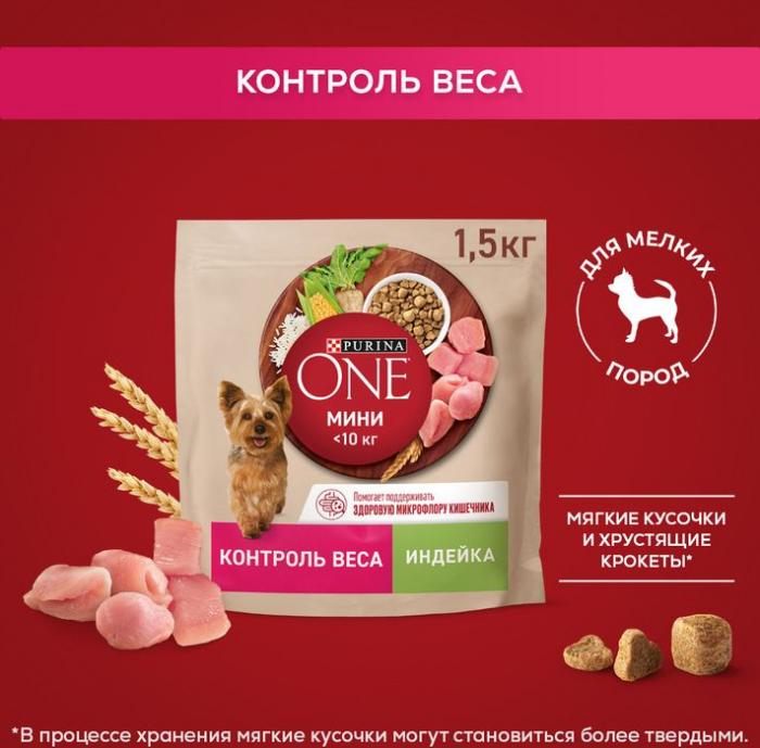 Сухой корм Purina ONE® МИНИ Здоровый вес для собак мелких пород, склонных к набору веса, с высоким содержанием индейки и с рисом